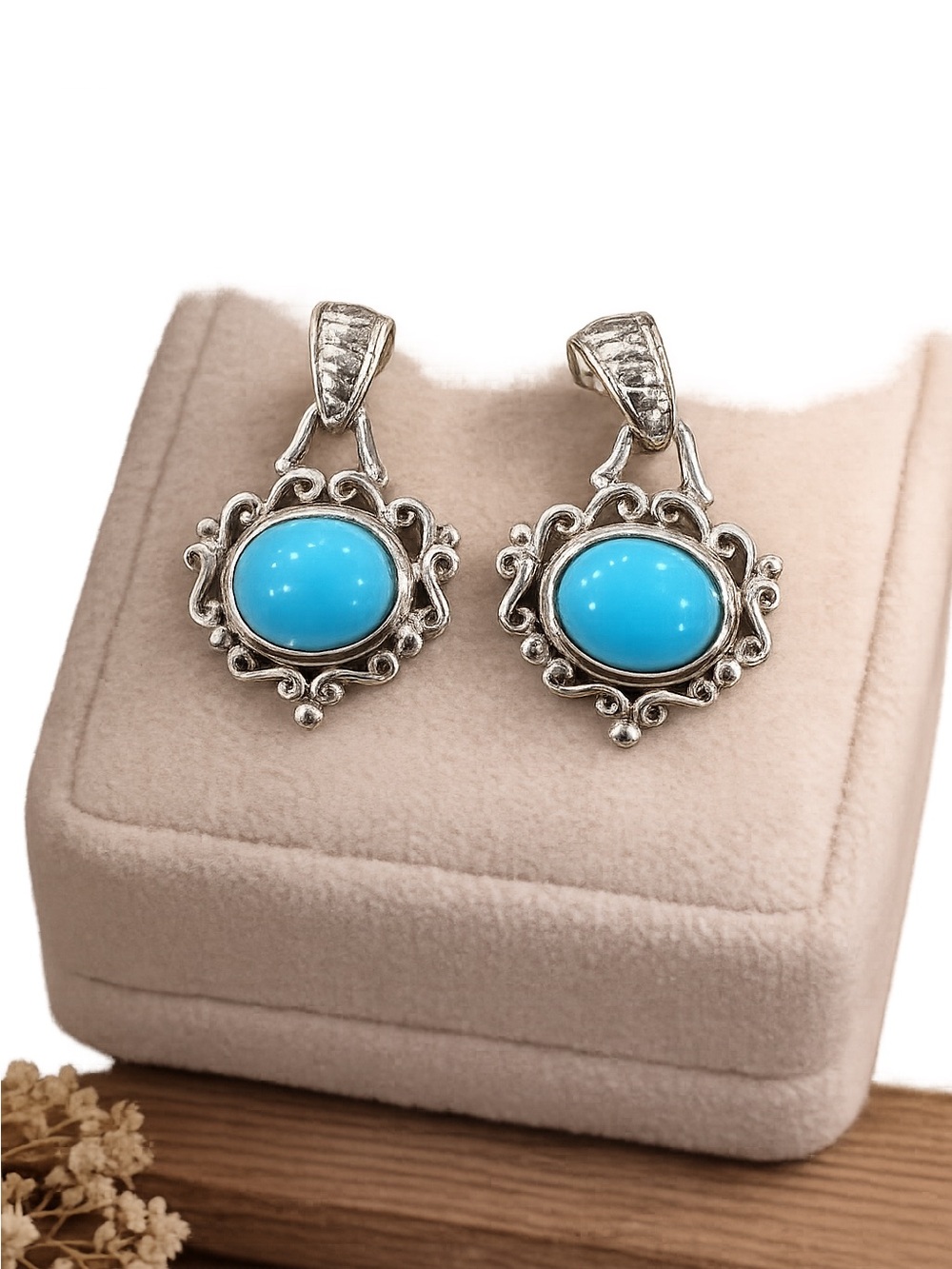 925 Sterling Silver Filigree Sleeping Beauty Turquoise Drop Earrings